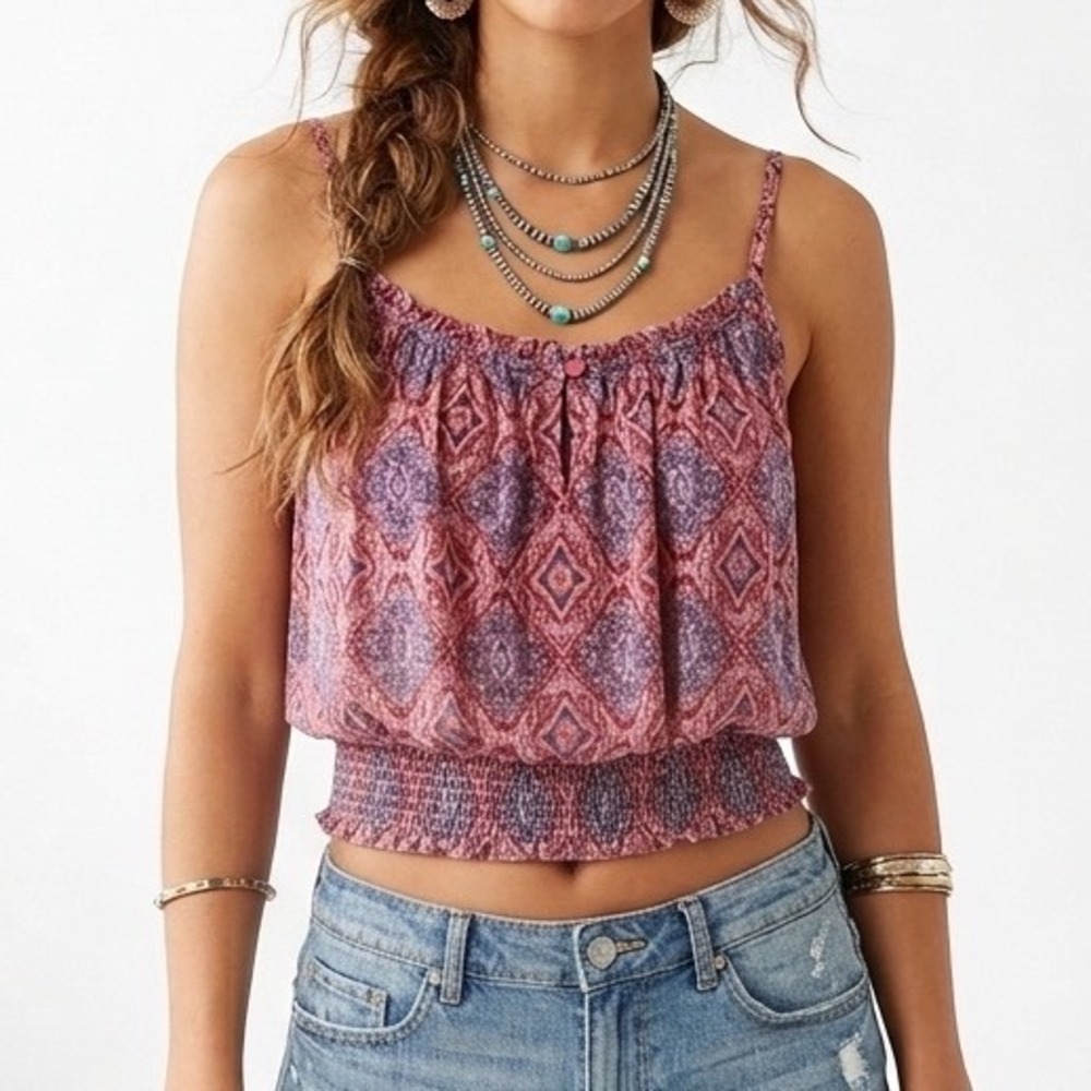 American Eagle Medallion Paisley Boho Smocked Hem Cami Top Red Purple Small
